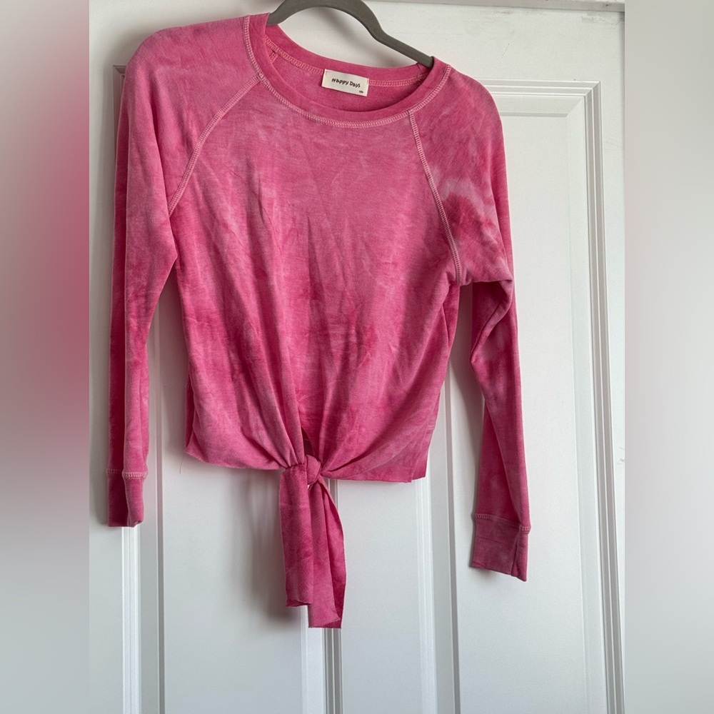 Happy Days Small Pink Acid Washed Tie Dye Rayon Blend Crew Neck Tie Front Top